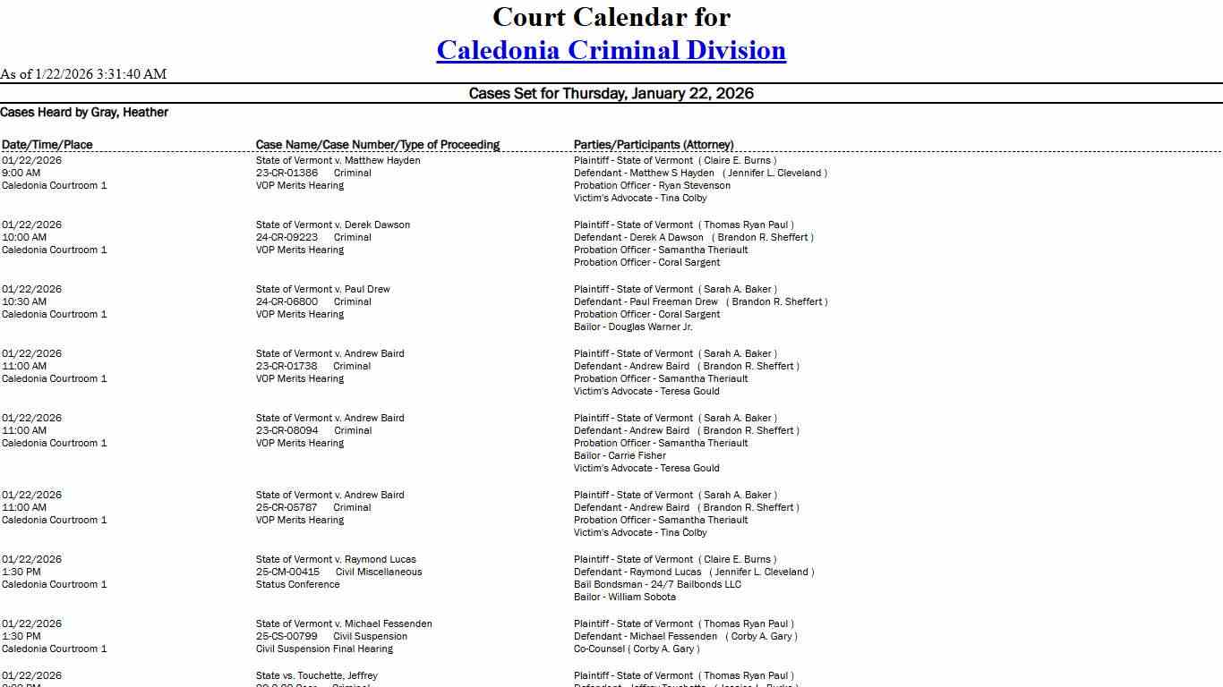 Caledonia Criminal Division Calendar